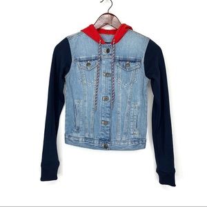 Tommy Hilfiger Fitted Jean Jacket W/ Sweatshirt Sleeves & Hood New Nwt Size XXS